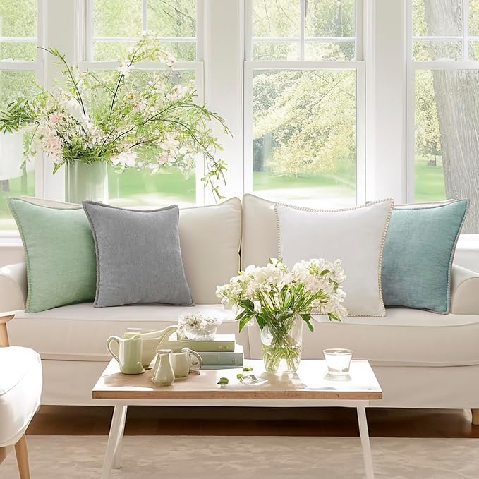 decorUhome Chenille Soft Throw Pillow Covers 16x16 Set of 2, Farmhouse Velvet Neutral Decorative Euro Pillow Covers with Stitched Edge for Couch Sofa Bed Home Decor, Aqua Haze
