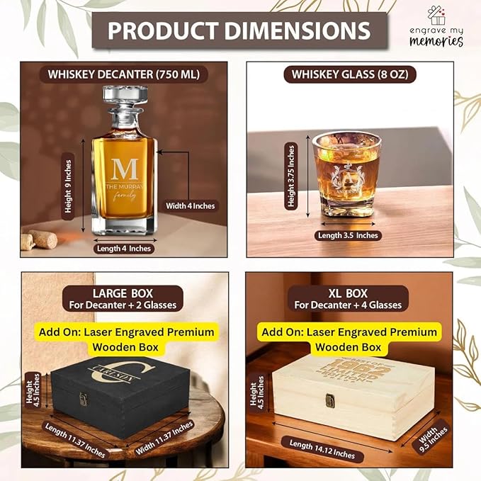 Personalized Square Whiskey Decanter Set for Men 750ml Luxury Gift for Valentine's, Birthdays, Anniversaries - Liquor Decanters with 2 or 4 Glasses Retirement, Weddings - 24 Engraved Design Options