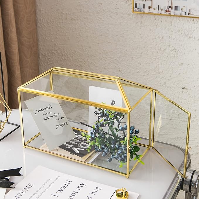 Glass Wedding Card Box with Slot, 12.6 inch Large Clear Card Box Gold Brass Gift Card Storage Box with Lock for Wedding Receptions, Baby Shower, Birthday Party, Bridal Shower
