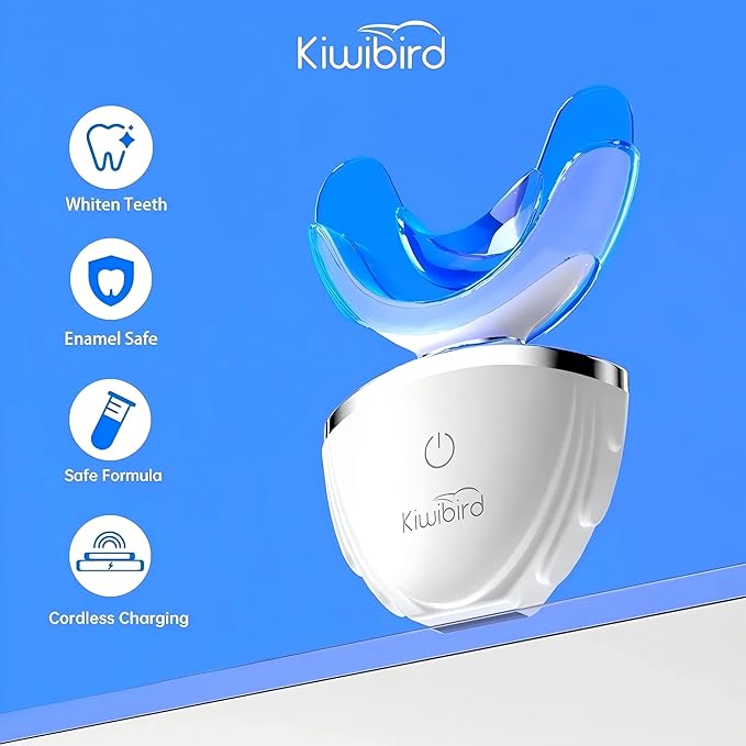KIWIBIRD Teeth Whitening Kit for Sensitive Teeth – 3 Gel Pens, LED Light with Wireless Charging Case, IPX7 Waterproof, Enamel-Safe at-Home Dental Care Tool