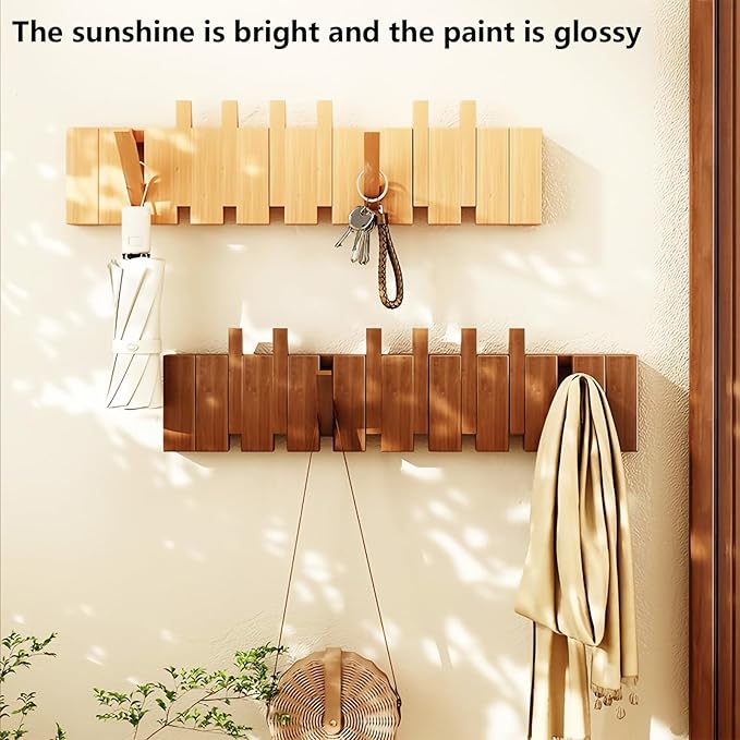 Wall Mounted Piano Key Hanger | Flip Style Hook | Entrance Wall Art Hook, Made of Oak Wood (3 Times Painted, 4 Times Polished) (Beech, 6Hooks)