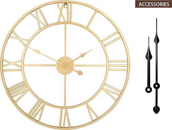 LEIKE Large Modern Wall Clocks,32" Gold Metal,Rustic,Round,Nearly Silent,Little Ticking,Battery Operated Roman Numerals Clock for Living Room/Bedroom/Kitchen Wall Decor-(Gold, 80cm)