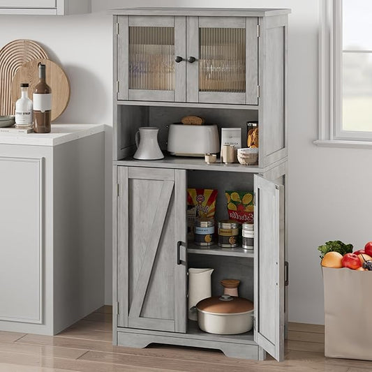 GarveeHome 54in Tall Bathroom Cabinet, Farmhouse Storage Cabinet with Glass Doors and Adjustable Shelves, Freestanding Kitchen Pantry Cabinets, Cupboard for Living Room, Dining Room, Gray