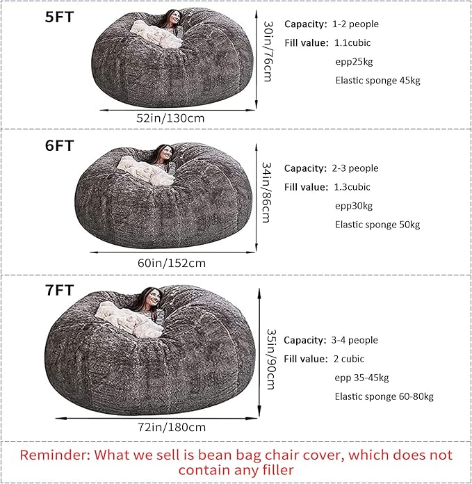 Big Huge Giant Bean Bag Chair for Adults, (No Filler) Bean Bag Chairs in Multiple Sizes and Colors Giant Foam-Filling Required- Machine Washable Covers, Double Stitched Seams (Purple,6FT)