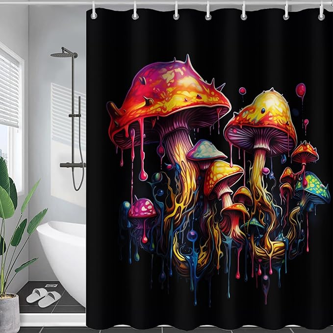 AILONEN Mushroom Shower Curtain,Oil Painting Mushroom Bath Curtain,Cartoon Mushroom Magic Fungus Print Black Waterproof Shower Curtain with 12 Plastic Hooks, 72" W x 72" H