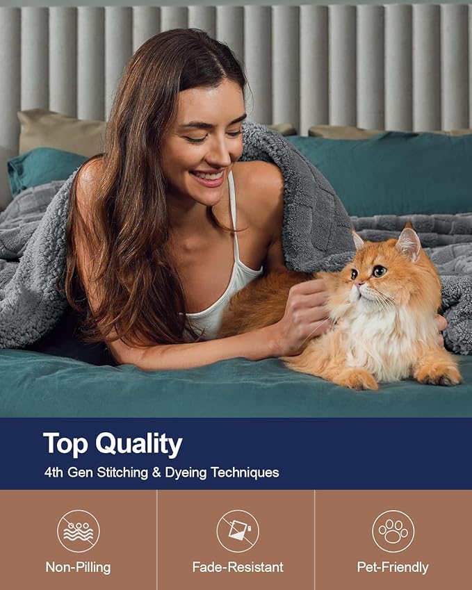 Pawque Super Soft Cozy Throw Blanket Queen Size for Couch Bed, Fluffy Sherpa Fleece Reversible Thick Warm Fuzzy Blanket for All-Season, 3D Checkered Jacquard Decorative Blankets, Grey, 90"x90"