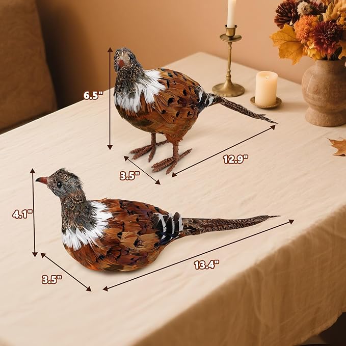 Nature Vibe Feathered Pheasant Decor Set of 2,Simulation Woodland Animals Figurines with Natural Pheasant Feathers as Fall Home Decor or Gifts for Autumn Harvest Festival