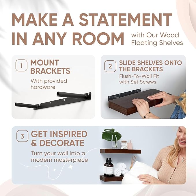 Homeforia Walnut Floating Bathroom Shelves, High End Solid Real Wood 16 inch Small Floating Shelf for Wall Mounted, Dark Brown 16inch Floating Shelves, Heavy Duty Bracket, 16 X 6.5 X 1.75 in, Set of 4
