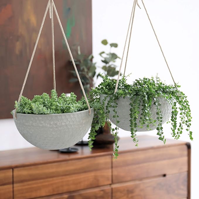 LA JOLIE MUSE Hanging Planters for Indoor Plants, Medium Hanging Planters with Drain Holes, Outdoor Hanging Flower Pots, Storm Gray, Honeycomb (10 Inch, Set of 2)