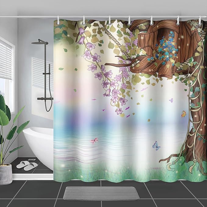 AILONEN Yellow Tree Leaves Shower Curtain,Botanical Floral Plants Vine Shower Curtain,Butterfly Floral Shower Curtain for Bathroom Decor Polyester Waterproof with Grommets and Hooks 72" W*78" H