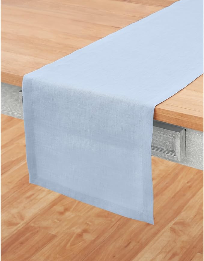 Solino Home Linen Sky Blue Table Runner 48 Inches - 100% Pure Linen Short Table Runner 14 x 48 Inch Ideal for Dresser and Coffee Tables - Fete