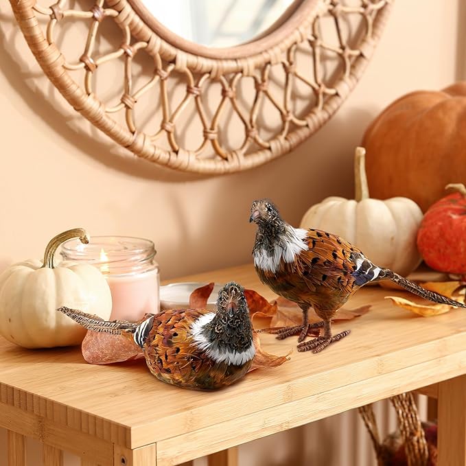 Nature Vibe Feathered Pheasant Decor Set of 2,Simulation Woodland Animals Figurines with Natural Pheasant Feathers as Fall Home Decor or Gifts for Autumn Harvest Festival