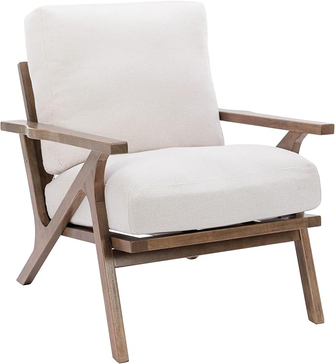 HNY Mid Century Modern Accent Chair, Farmhouse Retro Linen Upholstered Armchair for Living Room Bedroom, 23'' Seat Wide Leisure Slipper Chair with Wood Frame, White