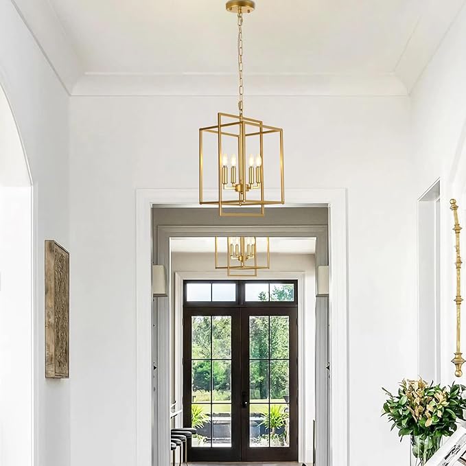 Farmhouse Gold Chandelier, 4-Light Vintage Chandeliers for Dining Room, Adjustable Modern Rustic Metal Hanging Pendant Light Fixture for Entryway Foyer Kitchen Island Hallway
