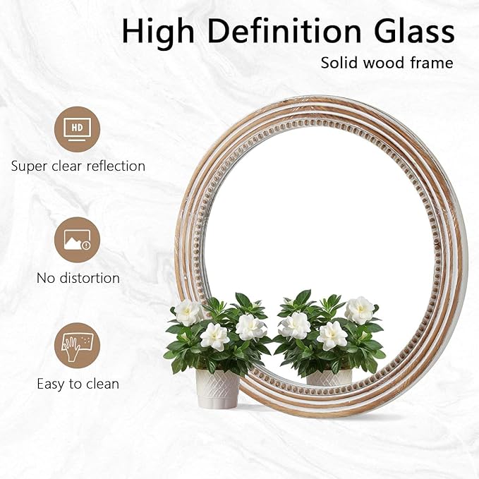 24 Inch Rustic Round Mirror - Farmhouse Vintage Bathroom Vanity Mirror, Wall-Mounted Round Mirrors for Bathroom Sink, Bedroom & Living Room and Framed Decorative Restroom Mirror