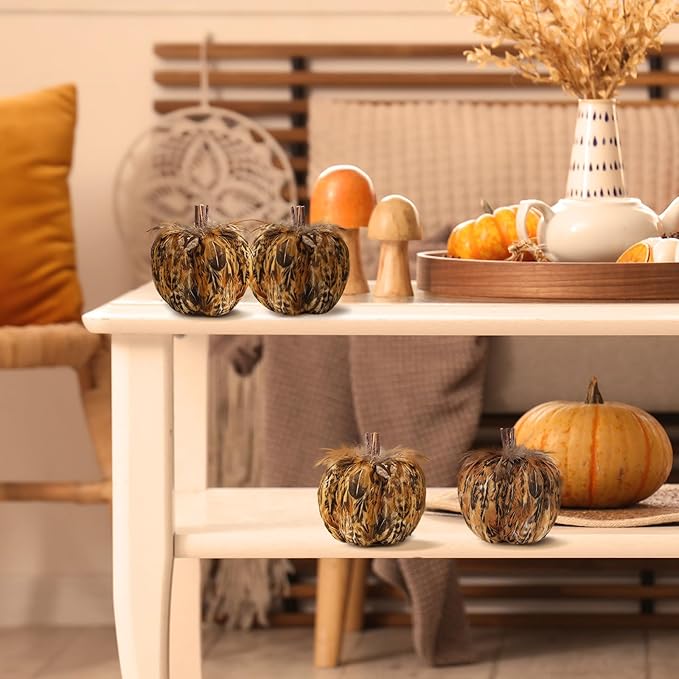 naturevibe 4.3 Inches Elegant Feathered Pumpkin Decor Set of 4 for Thanksgiving Decorations, Natural Feather Pumpkins as Fall Home Decor,Centerpieces for Tables or Autumn Harvest Gifts