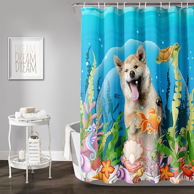 AILONEN Cute Dog Shower Curtain for Boys Girls, Pet Puppy Dog Lover Shower Curtain, 72" W*72" H Waterproof Animal Turtle Fish Ocean Themed Shower Curtain Decor Bathroom with Grommets and Hooks