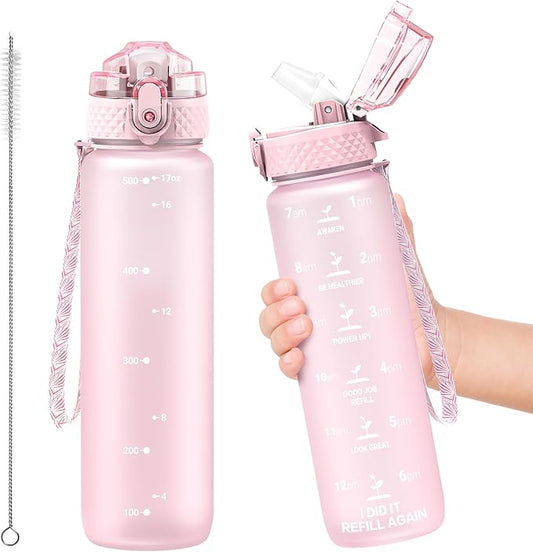 OLDLEY Kids Water Bottle for School, 17 oz (Straw Lid) BPA-Free Reusable Leak-proof Durable Tritan Plastic Water Bottles with One-handed Opening Straw Lids, Anti-dust Spout Cover (Pink)