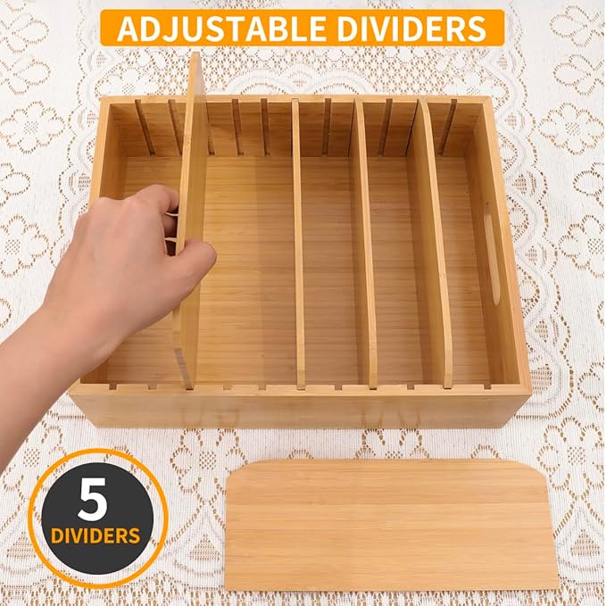 2 Pack Bamboo Lid Holder Food Container, Kitchen Organizer with 5 Adjustable Dividers, Cabinet Organizer for Food, Kitchen Gadget, Container Lids