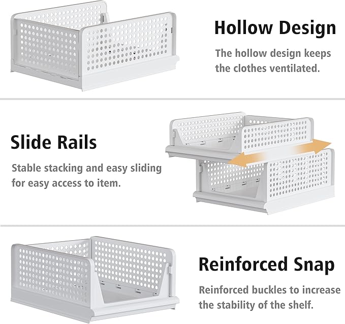 4 Pack Stackable Plastic Storage Basket Closet Organizer Bin Foldable Clothes Organizer Storage Drawer Shelf Container for Living Room Bathroom Kitchen Office (4S)