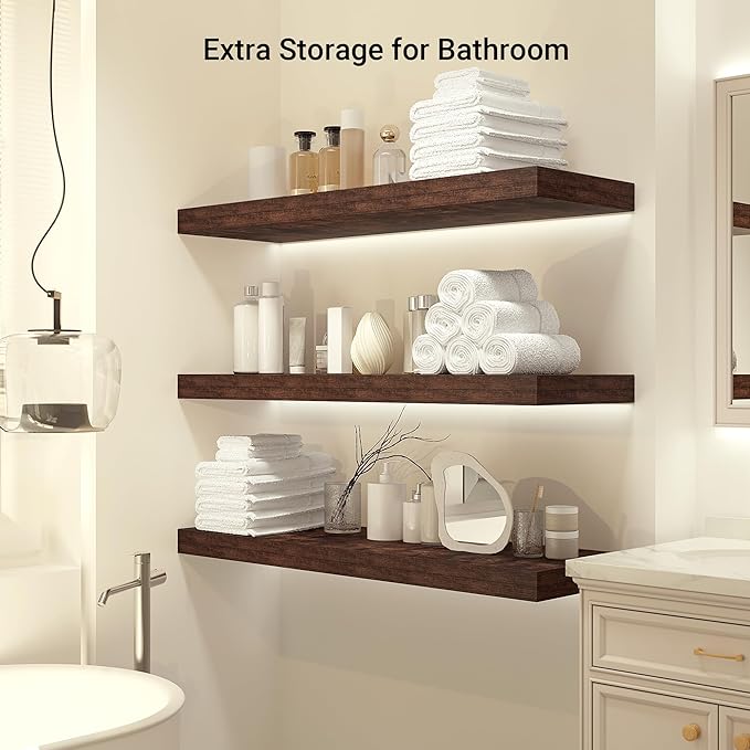 Heimlove 12" Deep Floating Shelves, 36 x 12 Inch Wall Mounted Long Floating Shelf with Invisible Brackets, for Home Decor, Bedroom, Kitchen, Living Room, Bathroom - 1 Pack, Rustic Brown