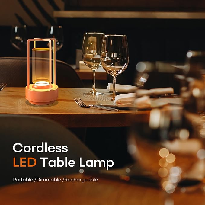 Portable Metal Table Lamp for Indoor/Outdoor ,Rechargeable Cordless LED Lamp, 3-Colour Infinitely Dimming Battery Powered Small Desk Lamp, Restaurant/Bedroom/Bar/Coffee Shop/Camping Light (Orange)