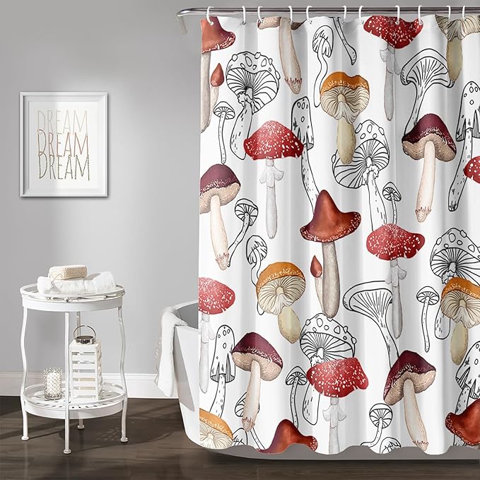 AILONEN Cartoon Mushroom Shower Curtain,Modern Shabby Chic Plants Fungus Themed Waterproof Bath Curtain,Minimalist Curtain for Bathroom Decor, 72" W x 84" H