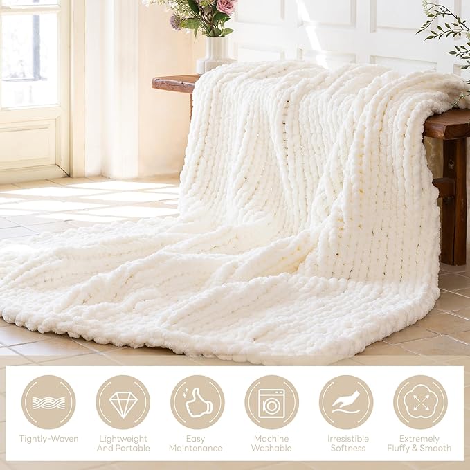 Chunky Knit Blanket - Luxury Soft Cozy 50 * 60 Throw Blanket,100% Woven Blanket Rope Knot Throw Blanket for Couch, Sofa, Home Decor, Gift - Machine Washable（Milk White）