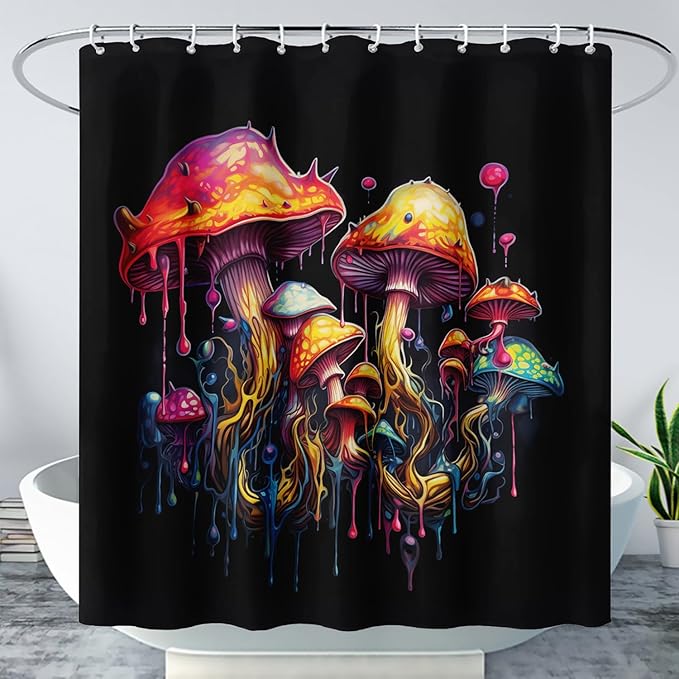 AILONEN Mushroom Shower Curtain,Oil Painting Mushroom Bath Curtain,Cartoon Mushroom Magic Fungus Print Black Waterproof Shower Curtain with 12 Plastic Hooks, 72" W x 72" H