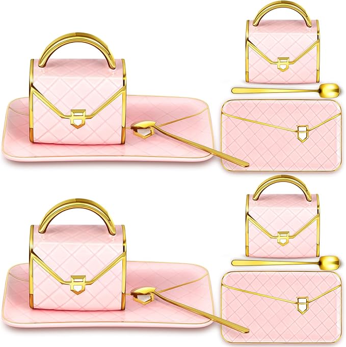 Zubebe 2 Sets Coffee Mug Elegant Handbag Shaped Cup Modern Ceramic Purse Mug with Spoon and Saucer, 10oz Cute Creative Tea Cup for Office Home Woman Girls Gift (Pink)