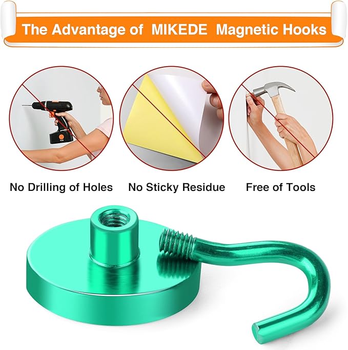 MIKEDE Strong Magnetic Hooks, 110Lbs Heavy Duty Magnetic Hooks for Cruise, Neodymium Earth Magnets with Hooks for Hanging, Super Metal Industrial Magnets for Grill, Storage (Green,10 Pack)