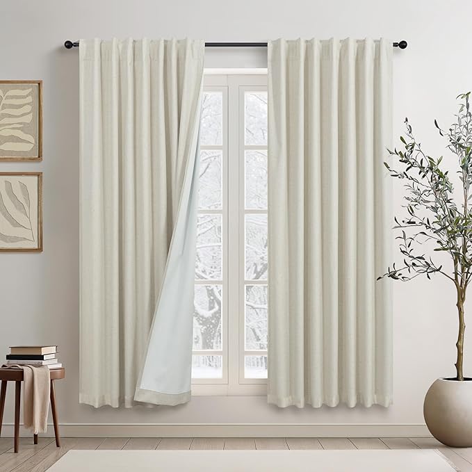 DANCURTON Living Room Black Out Curtains 63 Inch Long Boho Linen Blackout Insulated Thermal Room Darkening Kitchen Drapes for Nursery Kids Home Office Energy Saving Noise Reducing Back Tab Beige 52x63
