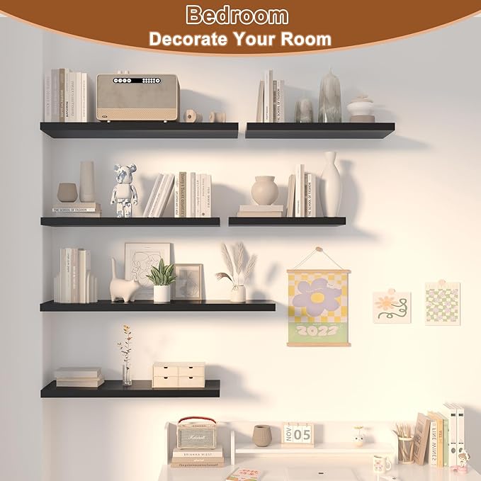 12 Inch Deep Floating Shelves for Wall 2 Pack Floating Shelves Large Storage Space Wall Mount Shelf for Living Room Kitchen Bathroom 36" W x 12" D x 1.2" H Black