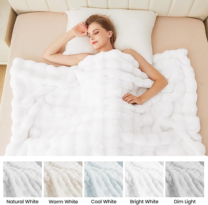 White Faux Rabbit Fuzzy Fur Queen Throw Fluffy Blanket 90x90 Soft Furry Blanket Queen Size for Bed Couch Cozy Bedroom Decor 1000 GSM