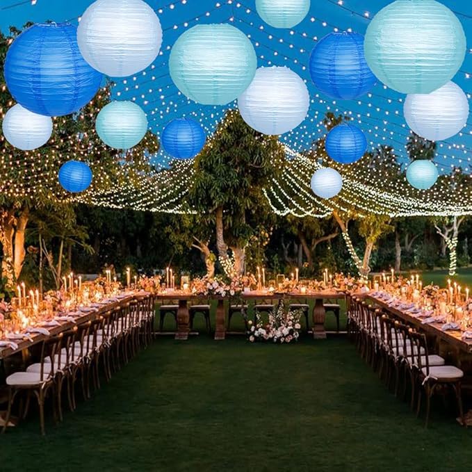 Paper Lanterns Decorative, Blue Hanging Paper Round Chinese Lanterns with Lights for Wedding Graduation Birthday Party 12 LED Light Pack of 12