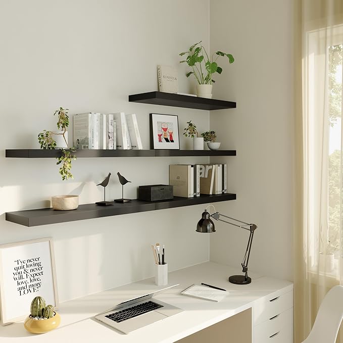 Large Floating Shelves for Wall Set of 2 Wooden Wall Shelves 24 in x 12.75 in x 2 inRoom Decor Long Shelf with Invisible Wall Mount Bracket for Bedroom Kitchen Living Room Black