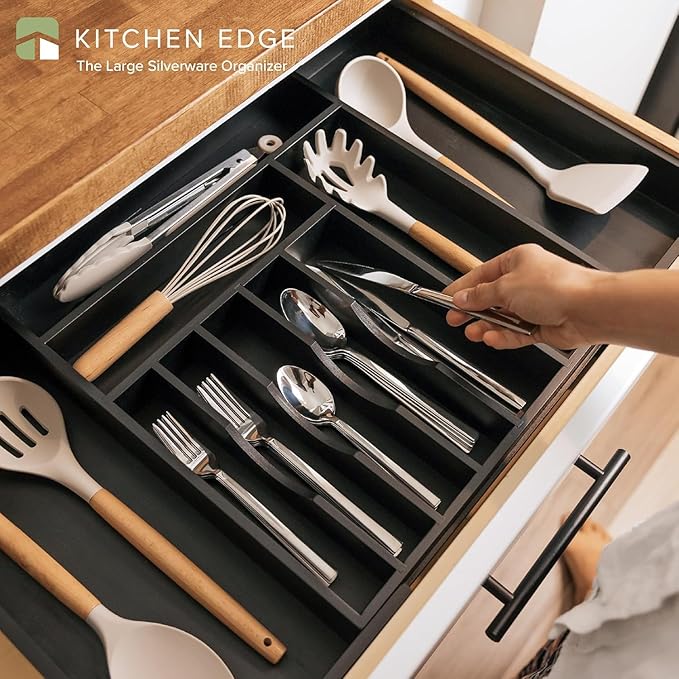 Premium Silverware, Flatware and Utensil Organizer for Kitchen Drawers, Food-Safe Contract Grade, Expandable from 16 to 28 In, Black Bamboo