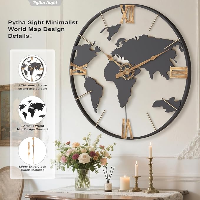 24 Inch Large Wall Clock,Modern Decorative Big World Map with Vintage Gold Roman Numeral Extra Giant Metal Oversized Wall Clocks for Living Room,Office,Kitchen,Dining Room,Bedroom