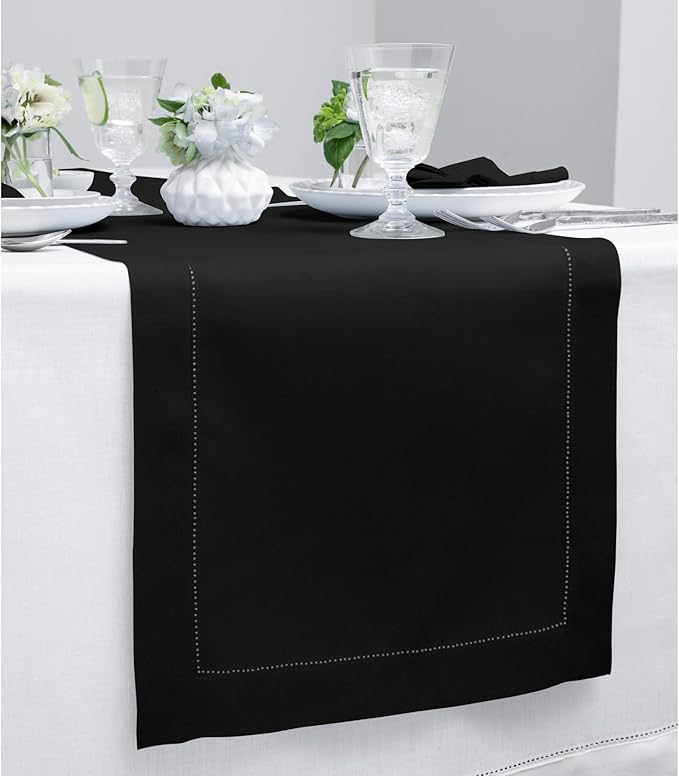 Solino Home Linen Black Table Runner 48 Inches - Classic Hemstitch, 100% Pure Linen Coffee Table Runner 14 x 48 Inch Ideal for Dresser Tables - Fall, Autumn, Halloween, Thanksgiving
