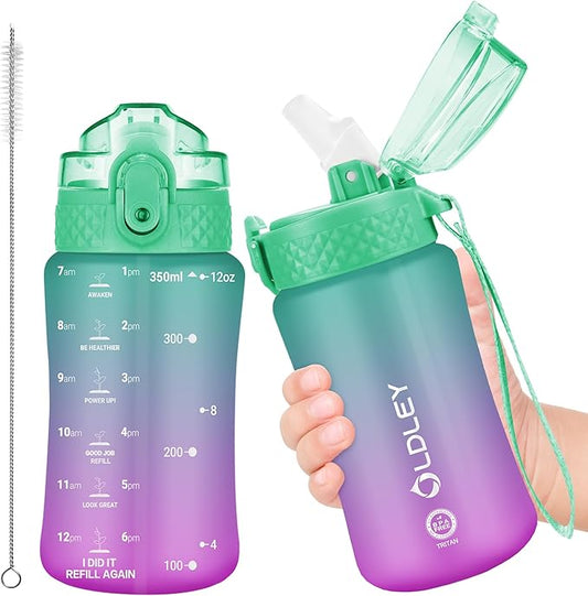 OLDLEY Kids Water Bottle for School, 12 oz (Straw Lid) BPA-Free Reusable Leak-proof Durable Tritan Plastic Water Bottles with One-handed Opening Straw Lids, Anti-dust Spout Cover (Green-Purple)