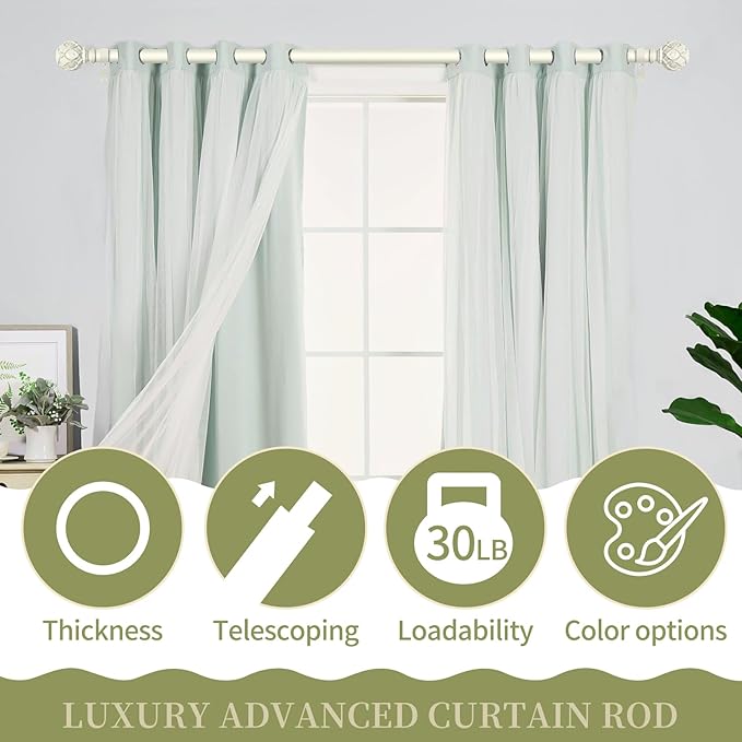 White Farmhouse Curtain Rods for Windows:66-120" Heavy Duty Adjustable Curtain Rod for Bedroom Living Room,Boho Decorative Rustic Drapery Rods with Vintage Coastal Texture Finial,Antique White