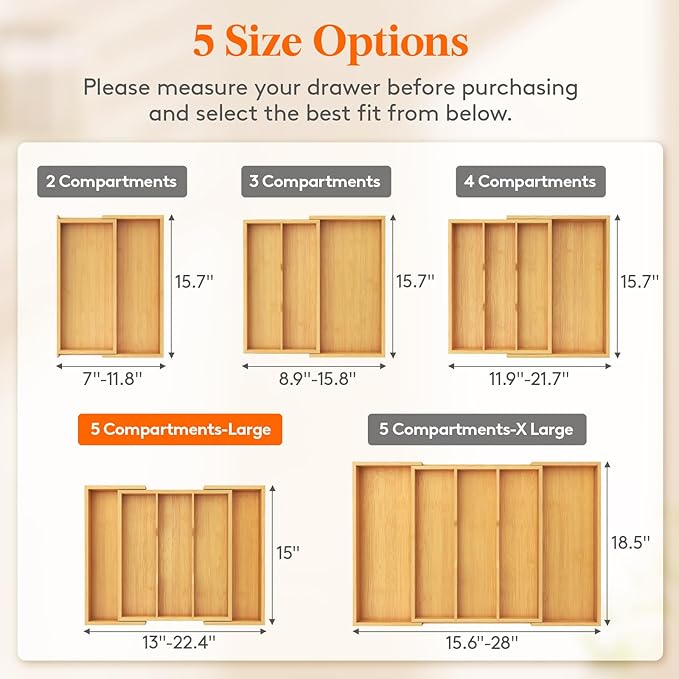 Lifewit Utensil Organizer for Kitchen Drawer, Expandable Cooking Utensil Tray, Bamboo Cutlery Silverware Flatware Holder, Adjustable Spatula Tools and Gadgets Storage Divider, Large, Natural