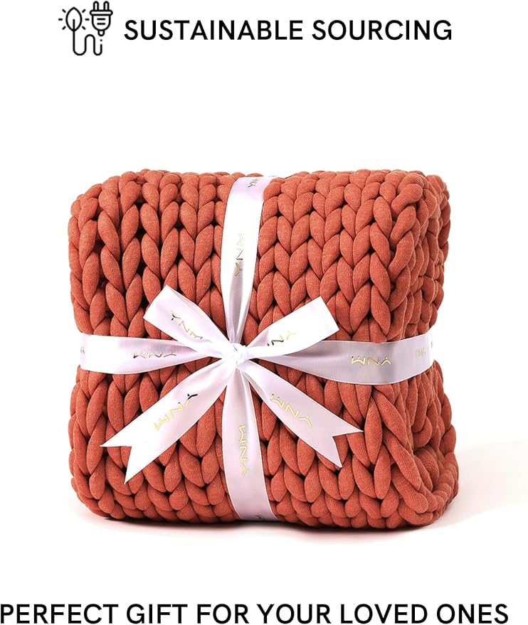 YnM Chunky Throw Blanket, Medium-Weight, Hand Knitted, Skin Friendly, Ventilated and Breathable, Machine Washable, Home Décor Piece for Couch, Sofa and Bed (Exotic Orange, 50x70 Inch)