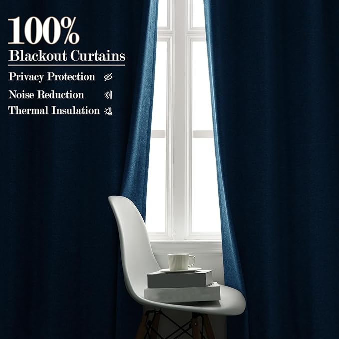 100" W x 96" L Faux Linen Room Divider Curtains, Full Blackout Pinch Pleated Drapes for Traverse Rod, Bedroom Divider Privacy Drapery with Hooks for Ceiling Track, 1 Panel, Blue