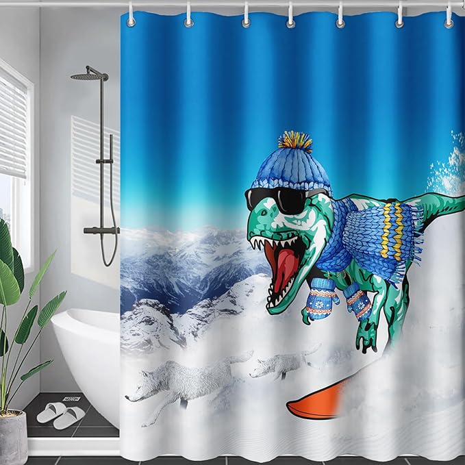 AILONEN Dinosaur Shower Curtain for Boys,Snow Wolf Shower Curtain, 60" W*72" H Waterproof Dino and Wolf Animals Themed Decor Bathroom with Grommets and Hooks