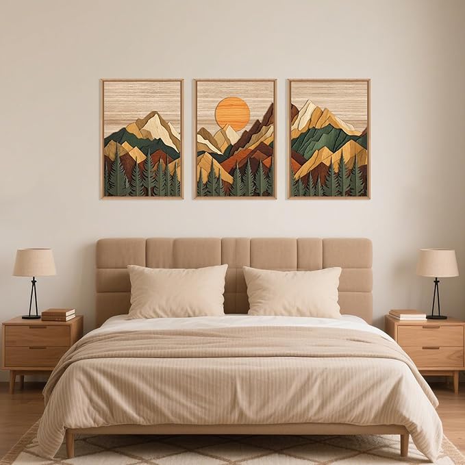 Celestdeco Woodcut Style Mountain Framed Canvas Wall Art Set, Large Brown Ridge Wall Decor, Boho Pine Tree Wall Painting, Abstract Wooden Art Print for Living Room, Bedroom, Office - 16"X24"X3 (Not-3D Effect)