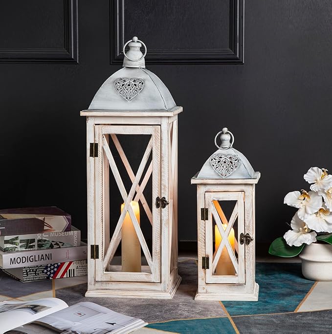 Set of 2 Large Farmhouse Wooden Metal Lanterns, Rustic Decorative Floor Candle Lanterns, Whitewash Distressed Hanging Lanterns for Home Decor (No Glass)