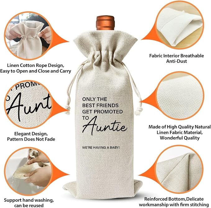 Pairs Well With Becoming Auntie Wine Gift Bag, Wine Bag for Pregnancy Announcement, New Aunt for Baby Announcement, Cotton Linen Wine Gift Bag With Drawstring