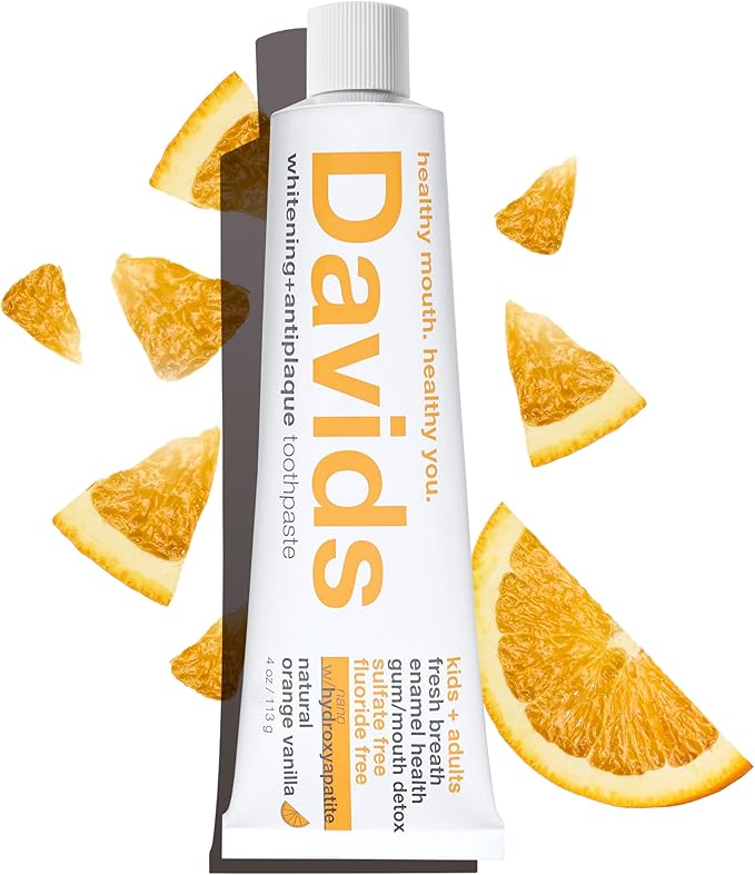 Davids Hydroxi Fluoride Free Nano Hydroxyapatite Toothpaste for Enamel Health & Whitening, Antiplaque, SLS Free, Kid Friendly Orange Vanilla Flavor, 4 oz, Made in USA
