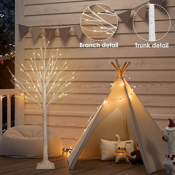 2 Pack 4FT 100LED Christmas Lighted Birch Tree, Timer Function Prelit Artificial Tree Lamp Plug in with Warm White Lights, 2 Modes Twinkling Twig Trees for Indoor Outdoor Party Christmas Decorations